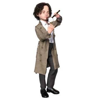 Şeffaf bir arkaplanda izole edilmiş 3 boyutlu bir çocuk dedektif karakteri çizimi