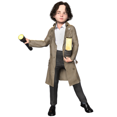 Şeffaf bir arkaplanda izole edilmiş 3 boyutlu bir çocuk dedektif karakteri çizimi