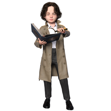 Şeffaf bir arkaplanda izole edilmiş 3 boyutlu bir çocuk dedektif karakteri çizimi