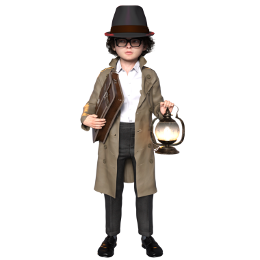 Şeffaf bir arkaplanda izole edilmiş 3 boyutlu bir çocuk dedektif karakteri çizimi