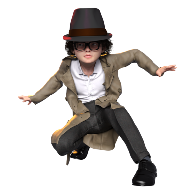 Şeffaf bir arkaplanda izole edilmiş 3 boyutlu bir çocuk dedektif karakteri çizimi