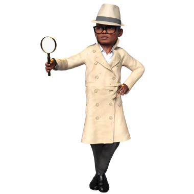 Şeffaf bir arkaplanda izole edilmiş 3 boyutlu bir çocuk dedektif karakteri çizimi