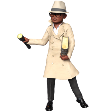 Şeffaf bir arkaplanda izole edilmiş 3 boyutlu bir çocuk dedektif karakteri çizimi