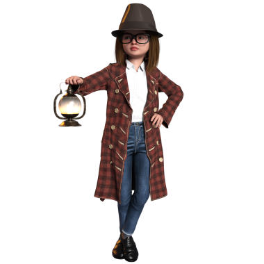 3D oluşturulmuş kız dedektif karakteri şeffaf arkaplanda izole edildi