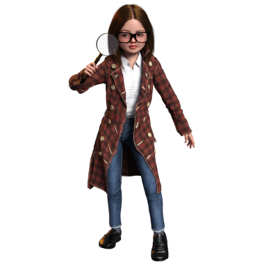 3D oluşturulmuş kız dedektif karakteri şeffaf arkaplanda izole edildi