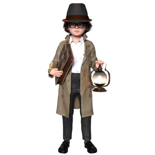 Şeffaf bir arkaplanda izole edilmiş 3 boyutlu bir çocuk dedektif karakteri çizimi