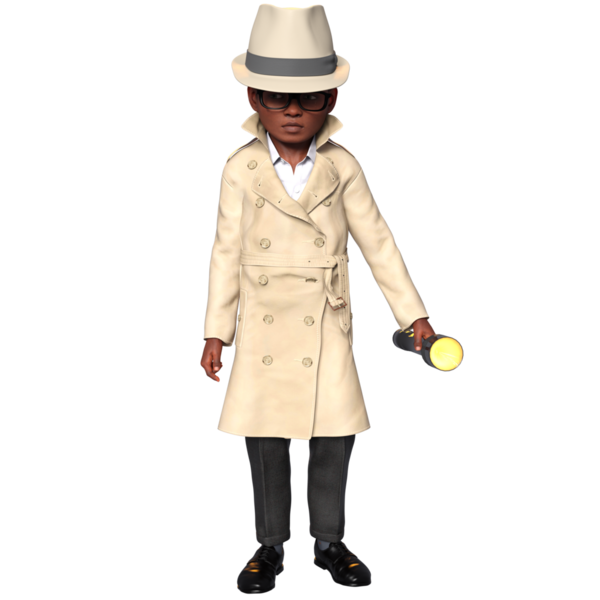 Şeffaf bir arkaplanda izole edilmiş 3 boyutlu bir çocuk dedektif karakteri çizimi