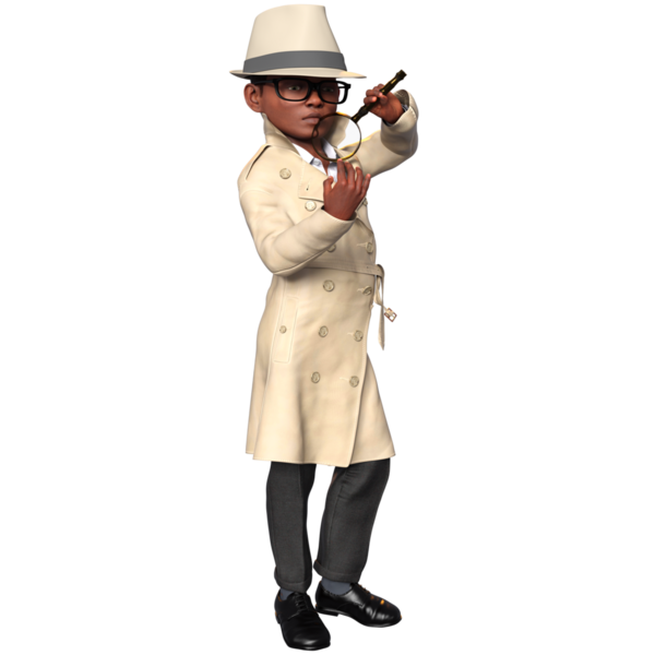 Şeffaf bir arkaplanda izole edilmiş 3 boyutlu bir çocuk dedektif karakteri çizimi