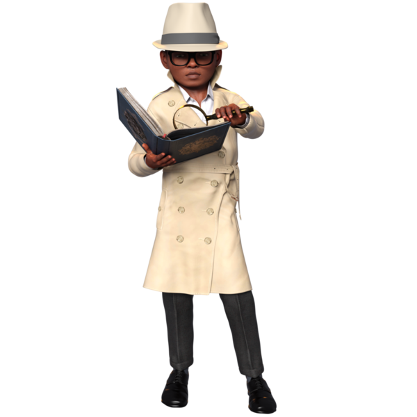 Şeffaf bir arkaplanda izole edilmiş 3 boyutlu bir çocuk dedektif karakteri çizimi