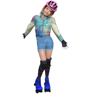 3 boyutlu, kızıl saçlı, pembe kasklı, renkli ceketli, kot şortlu, dizlikli, mavi tekerlekli patenli, şeffaf arka planda izole bir çocuk..