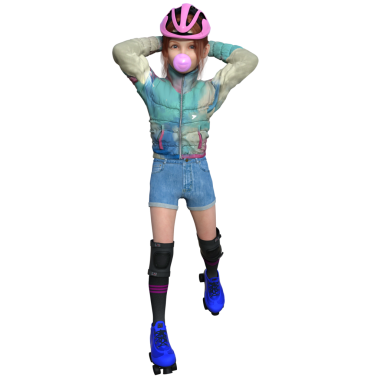 3 boyutlu, kızıl saçlı, pembe kasklı, renkli ceketli, kot şortlu, dizlikli, mavi tekerlekli patenli, şeffaf arka planda izole bir çocuk..