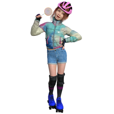 3 boyutlu, kızıl saçlı, pembe kasklı, renkli ceketli, kot şortlu, dizlikli, mavi tekerlekli patenli, şeffaf arka planda izole bir çocuk..