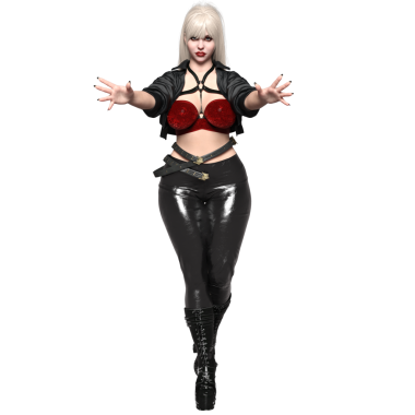 Üç boyutlu, gümüş saçlı, kırmızı kadife bluzlu, siyah lateks pantolonlu ve şeffaf arka planda izole edilmiş çizmeli bir vampir kadın.