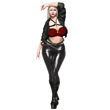 Üç boyutlu, gümüş saçlı, kırmızı kadife bluzlu, siyah lateks pantolonlu ve şeffaf arka planda izole edilmiş çizmeli bir vampir kadın.