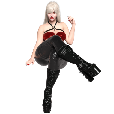 Üç boyutlu, gümüş saçlı, kırmızı kadife bluzlu, siyah lateks pantolonlu ve şeffaf arka planda izole edilmiş çizmeli bir vampir kadın.