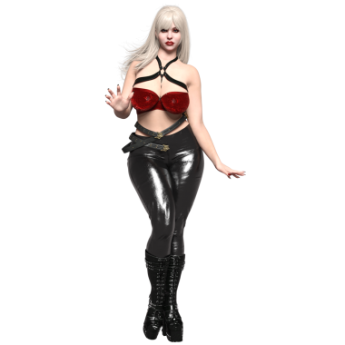 Üç boyutlu, gümüş saçlı, kırmızı kadife bluzlu, siyah lateks pantolonlu ve şeffaf arka planda izole edilmiş çizmeli bir vampir kadın.