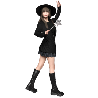 Ekose etekli, siyah ceketli ve şeffaf arka planda siyah şapkalı genç bir cadının 3 boyutlu görüntüsü. 