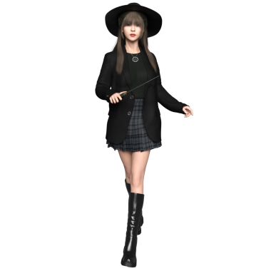 Ekose etekli, siyah ceketli ve şeffaf arka planda siyah şapkalı genç bir cadının 3 boyutlu görüntüsü. 