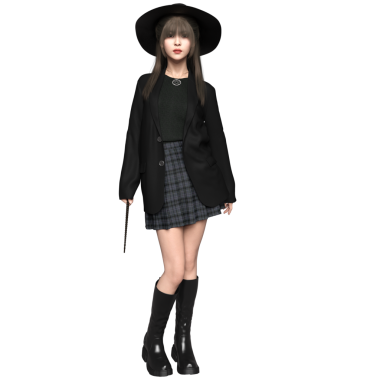 Ekose etekli, siyah ceketli ve şeffaf arka planda siyah şapkalı genç bir cadının 3 boyutlu görüntüsü. 