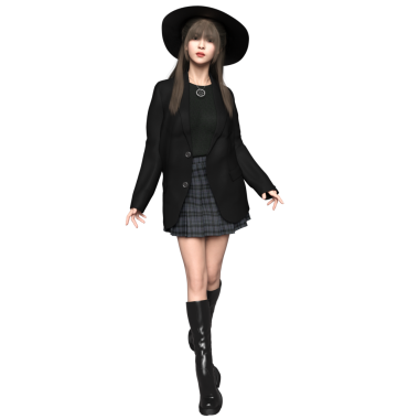 Ekose etekli, siyah ceketli ve şeffaf arka planda siyah şapkalı genç bir cadının 3 boyutlu görüntüsü. 