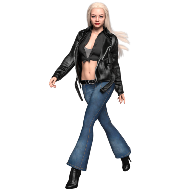 Siyah deri ceketli, mavi bluzlu ve şeffaf arka planda izole edilmiş 3 boyutlu sarışın kadın.
