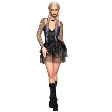 Üç boyutlu, platin saçlı, siyah makyajlı, dövmeli kollu ve gotik modaya sahip katmanlı etekli ve platform botlu katmansız siyah bir elbise giyen şeffaf bir arka planda izole edilmiş kadın karakter.