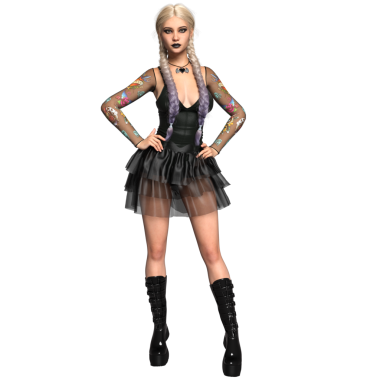 Üç boyutlu, platin saçlı, siyah makyajlı, dövmeli kollu ve gotik modaya sahip katmanlı etekli ve platform botlu katmansız siyah bir elbise giyen şeffaf bir arka planda izole edilmiş kadın karakter.