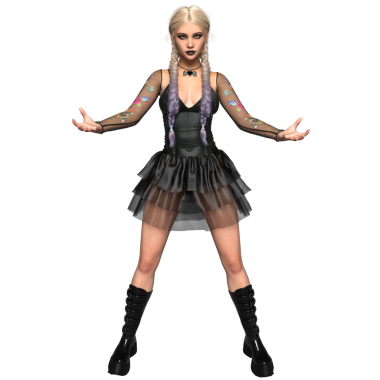 Üç boyutlu, platin saçlı, siyah makyajlı, dövmeli kollu ve gotik modaya sahip katmanlı etekli ve platform botlu katmansız siyah bir elbise giyen şeffaf bir arka planda izole edilmiş kadın karakter.