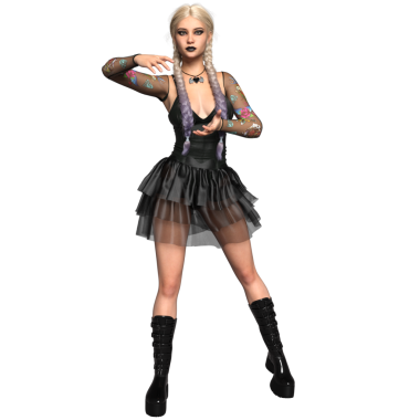 Üç boyutlu, platin saçlı, siyah makyajlı, dövmeli kollu ve gotik modaya sahip katmanlı etekli ve platform botlu katmansız siyah bir elbise giyen şeffaf bir arka planda izole edilmiş kadın karakter.