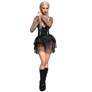Üç boyutlu, platin saçlı, siyah makyajlı, dövmeli kollu ve gotik modaya sahip katmanlı etekli ve platform botlu katmansız siyah bir elbise giyen şeffaf bir arka planda izole edilmiş kadın karakter.
