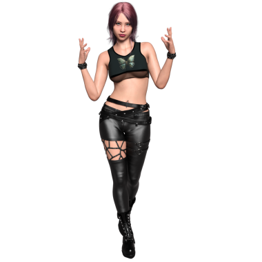 Siyah kelebek desenli bluzu ve deri pantolonu olan, şeffaf arka planda izole edilmiş, pembe saçlı, şehir fantazisi bir kadının 3 boyutlu görüntüsü..