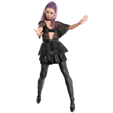 Çağdaş gotik bir cadının dantelli, deri etekli ve taytlı, şeffaf arka planda izole edilmiş mor saçlı hali.