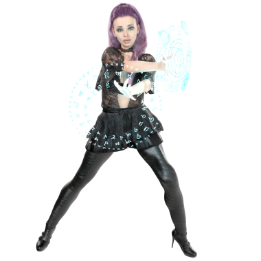 Çağdaş gotik bir cadının dantelli, deri etekli ve taytlı, şeffaf arka planda izole edilmiş mor saçlı hali.