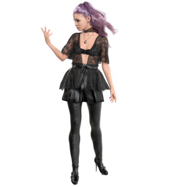 Çağdaş gotik bir cadının dantelli, deri etekli ve taytlı, şeffaf arka planda izole edilmiş mor saçlı hali.