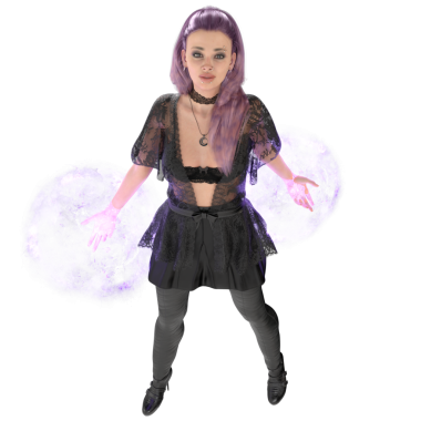 Çağdaş gotik bir cadının dantelli, deri etekli ve taytlı, şeffaf arka planda izole edilmiş mor saçlı hali.