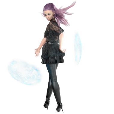 Çağdaş gotik bir cadının dantelli, deri etekli ve taytlı, şeffaf arka planda izole edilmiş mor saçlı hali.