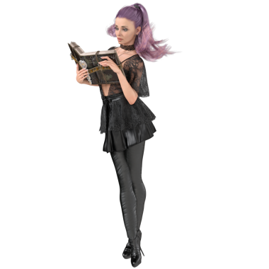 Çağdaş gotik bir cadının dantelli, deri etekli ve taytlı, şeffaf arka planda izole edilmiş mor saçlı hali.