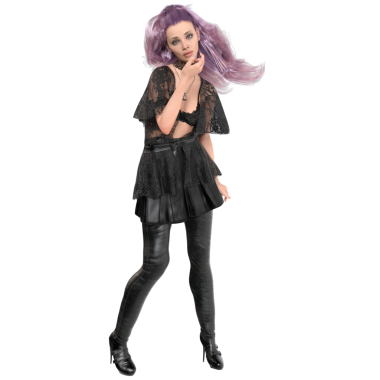 Çağdaş gotik bir cadının dantelli, deri etekli ve taytlı, şeffaf arka planda izole edilmiş mor saçlı hali.