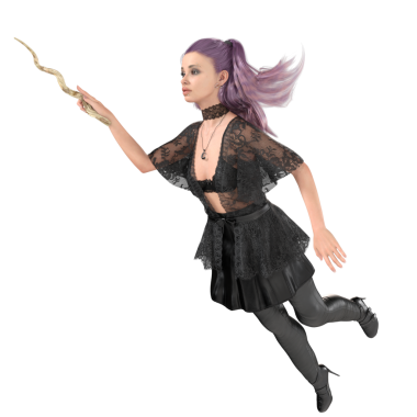 Çağdaş gotik bir cadının dantelli, deri etekli ve taytlı, şeffaf arka planda izole edilmiş mor saçlı hali.