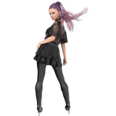 Çağdaş gotik bir cadının dantelli, deri etekli ve taytlı, şeffaf arka planda izole edilmiş mor saçlı hali.