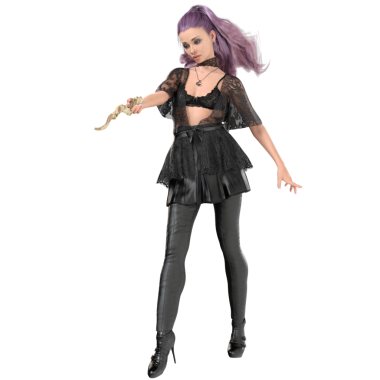 Çağdaş gotik bir cadının dantelli, deri etekli ve taytlı, şeffaf arka planda izole edilmiş mor saçlı hali.