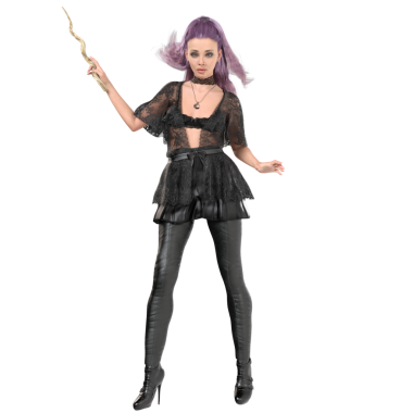 Çağdaş gotik bir cadının dantelli, deri etekli ve taytlı, şeffaf arka planda izole edilmiş mor saçlı hali.