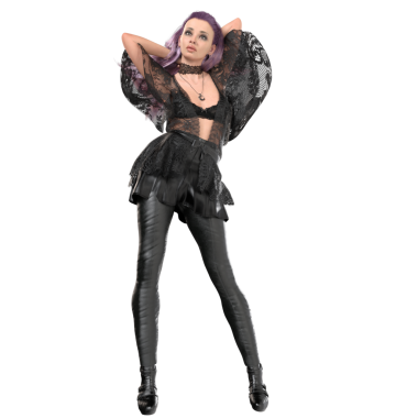 Çağdaş gotik bir cadının dantelli, deri etekli ve taytlı, şeffaf arka planda izole edilmiş mor saçlı hali.