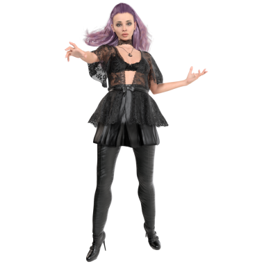 Çağdaş gotik bir cadının dantelli, deri etekli ve taytlı, şeffaf arka planda izole edilmiş mor saçlı hali.