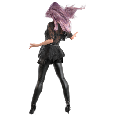 Çağdaş gotik bir cadının dantelli, deri etekli ve taytlı, şeffaf arka planda izole edilmiş mor saçlı hali.