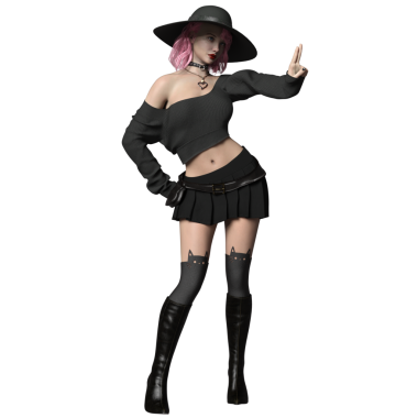 Pembe saçlı, şeffaf arkaplanda soyutlanmış modern bir cadının 3 boyutlu görüntüsü.