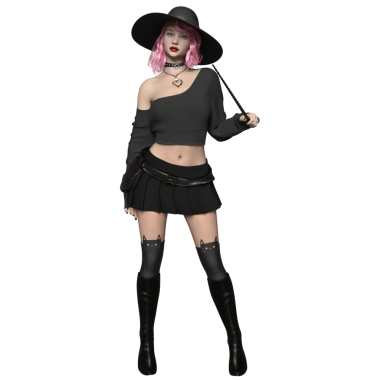 Pembe saçlı, şeffaf arkaplanda soyutlanmış modern bir cadının 3 boyutlu görüntüsü.