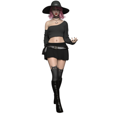 Pembe saçlı, şeffaf arkaplanda soyutlanmış modern bir cadının 3 boyutlu görüntüsü.