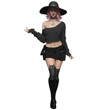 Pembe saçlı, şeffaf arkaplanda soyutlanmış modern bir cadının 3 boyutlu görüntüsü.