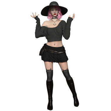 Pembe saçlı, şeffaf arkaplanda soyutlanmış modern bir cadının 3 boyutlu görüntüsü.